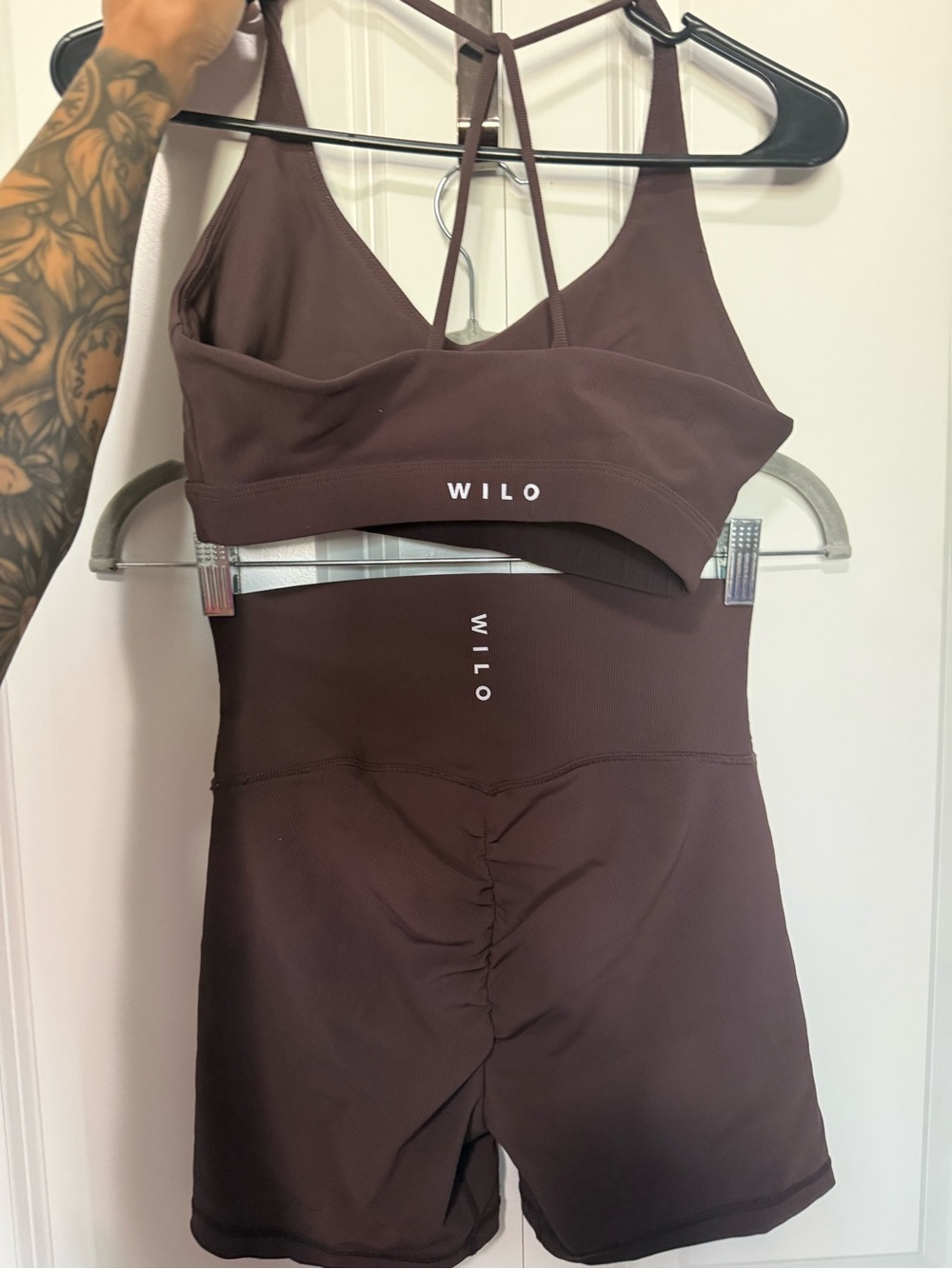 Wilo - Seamless Strappy Top & High-Rise Shorts Set - Deep Brown - size small - Picture 2 of 5